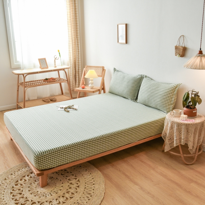 91家纺网 家纺一手货源 找家纺 床笠人家 2023新款全棉水洗棉防水床笠 绿小格