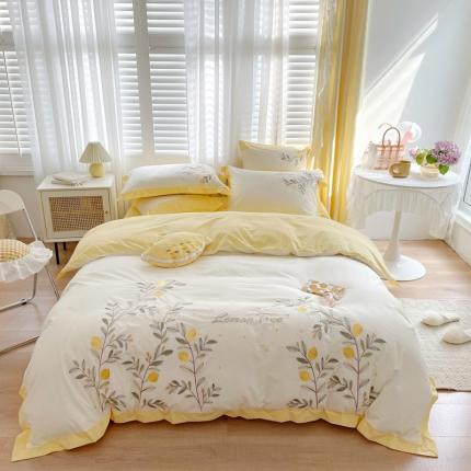 91家纺网 家纺一手货源 找家纺 馨蕊 2021新款水洗棉四件套-柠檬-奶昔