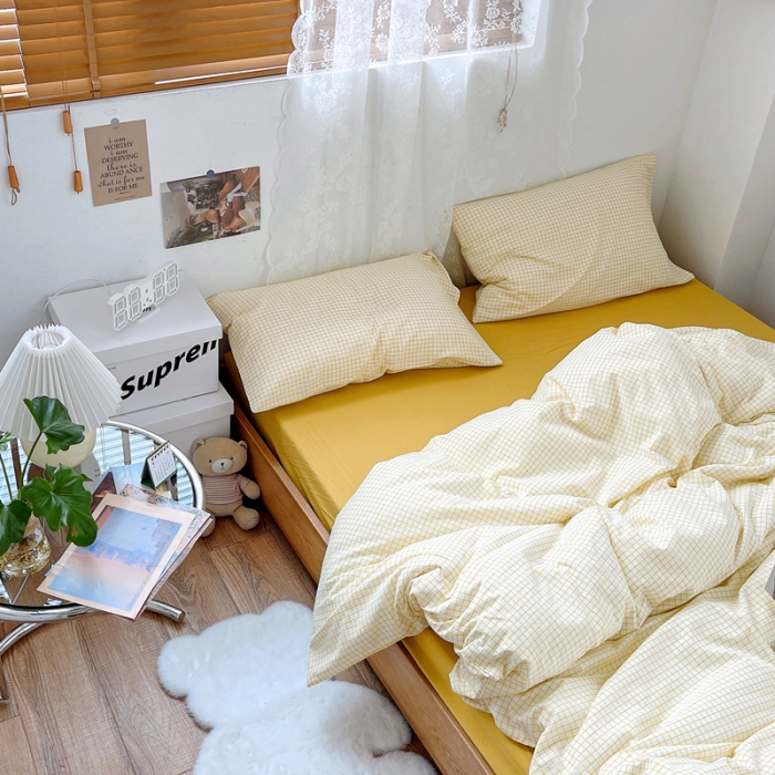 91家纺网 家纺一手货源 找家纺 安莱生活 2021新款水洗棉全棉四件套 清新姜黄格