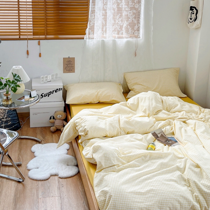 91家纺网 家纺一手货源 找家纺 安莱生活 2021新款水洗棉全棉四件套 清新姜黄格