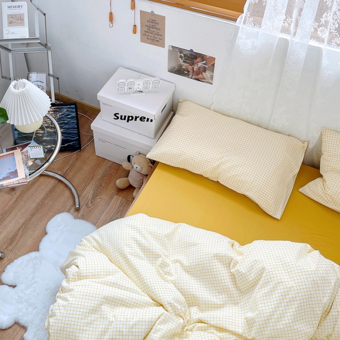 91家纺网 家纺一手货源 找家纺 安莱生活 2021新款水洗棉全棉四件套 清新姜黄格