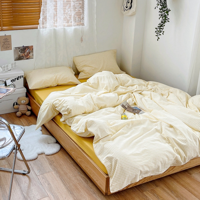 91家纺网 家纺一手货源 找家纺 安莱生活 2021新款水洗棉全棉四件套 清新姜黄格