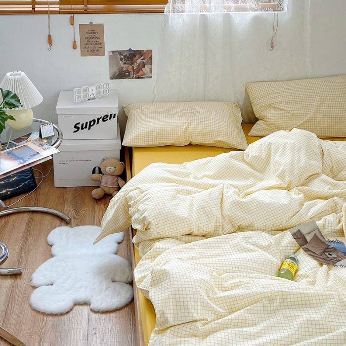 91家纺网 家纺一手货源 找家纺 安莱生活 2021新款水洗棉全棉四件套 清新姜黄格