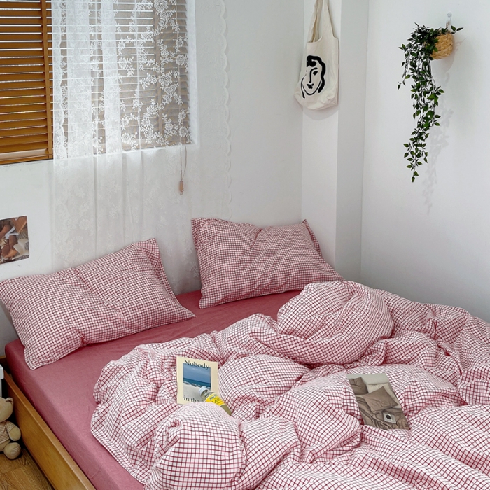 91家纺网 家纺一手货源 找家纺 安莱生活 2021新款水洗棉全棉四件套 清新酱红格