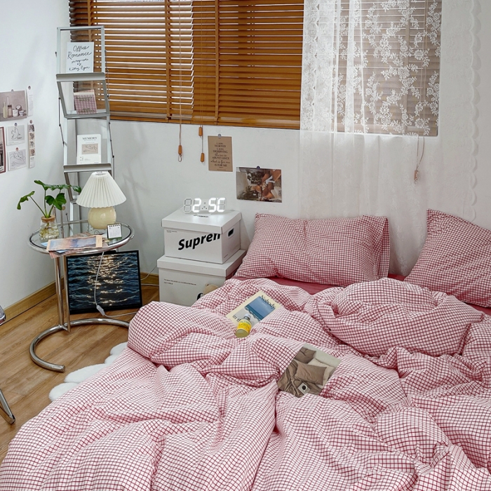 91家纺网 家纺一手货源 找家纺 安莱生活 2021新款水洗棉全棉四件套 清新酱红格