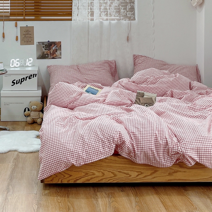 91家纺网 家纺一手货源 找家纺 安莱生活 2021新款水洗棉全棉四件套 清新酱红格