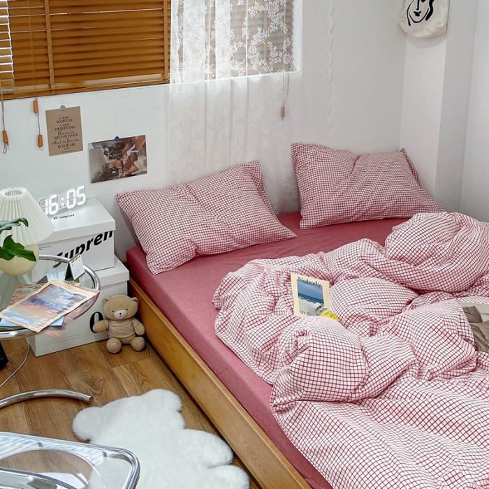 91家纺网 家纺一手货源 找家纺 安莱生活 2021新款水洗棉全棉四件套 清新酱红格