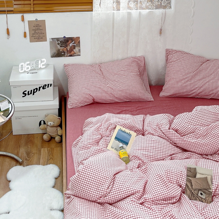 91家纺网 家纺一手货源 找家纺 安莱生活 2021新款水洗棉全棉四件套 清新酱红格