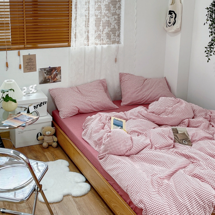 91家纺网 家纺一手货源 找家纺 安莱生活 2021新款水洗棉全棉四件套 清新酱红格