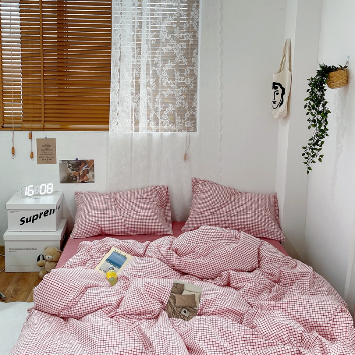 91家纺网 家纺一手货源 找家纺 安莱生活 2021新款水洗棉全棉四件套 清新酱红格