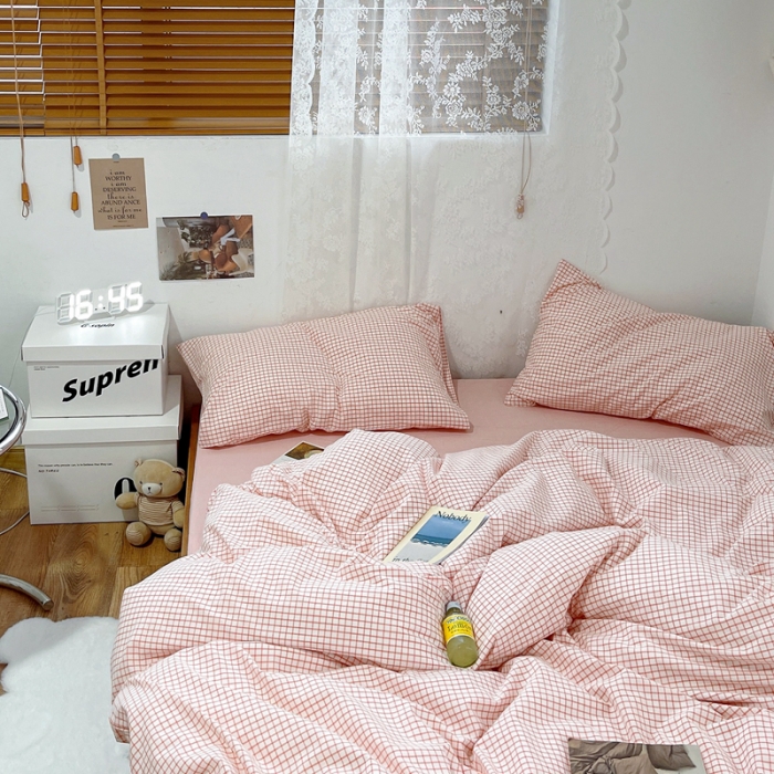 91家纺网 家纺一手货源 找家纺 安莱生活 2021新款水洗棉全棉四件套 清新嫩粉格