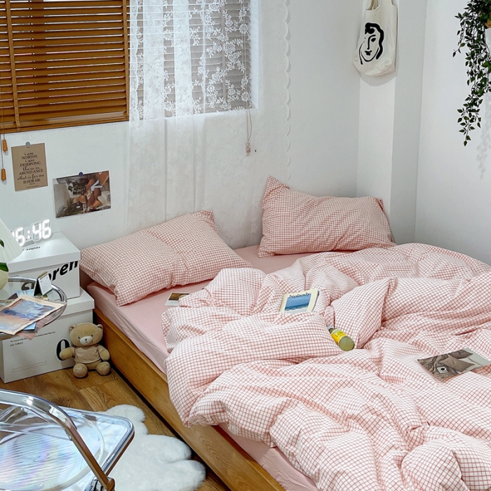 91家纺网 家纺一手货源 找家纺 安莱生活 2021新款水洗棉全棉四件套 清新嫩粉格