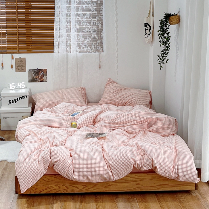 91家纺网 家纺一手货源 找家纺 安莱生活 2021新款水洗棉全棉四件套 清新嫩粉格