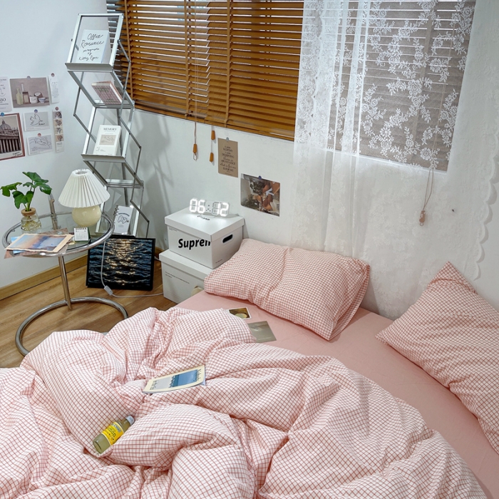 91家纺网 家纺一手货源 找家纺 安莱生活 2021新款水洗棉全棉四件套 清新嫩粉格