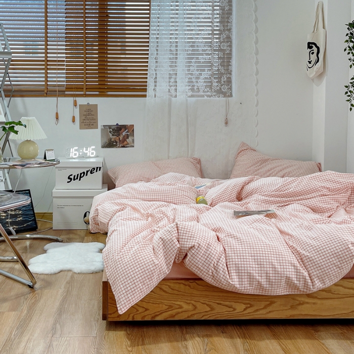 91家纺网 家纺一手货源 找家纺 安莱生活 2021新款水洗棉全棉四件套 清新嫩粉格