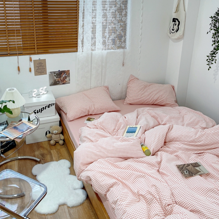 91家纺网 家纺一手货源 找家纺 安莱生活 2021新款水洗棉全棉四件套 清新嫩粉格