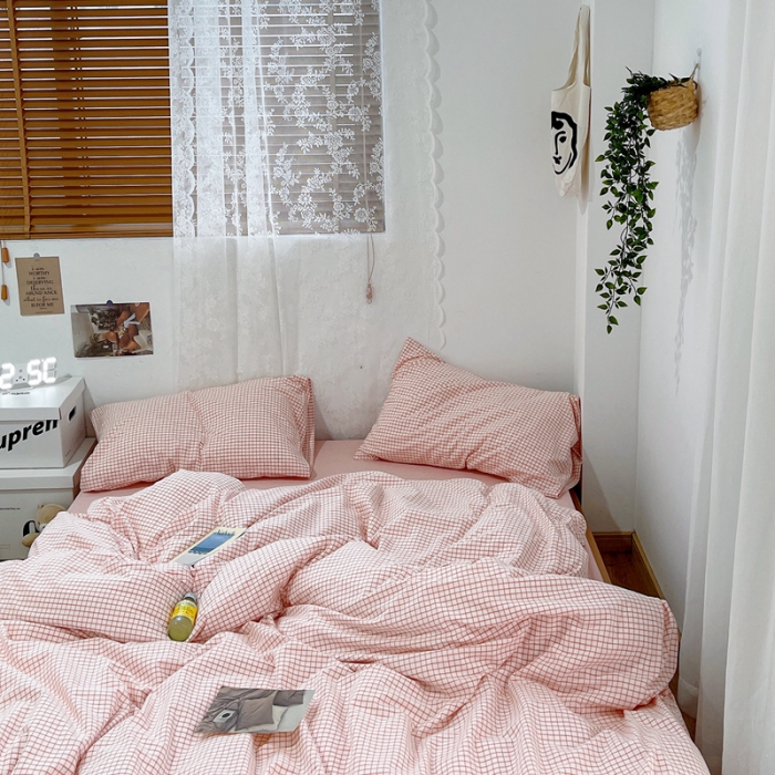 91家纺网 家纺一手货源 找家纺 安莱生活 2021新款水洗棉全棉四件套 清新嫩粉格