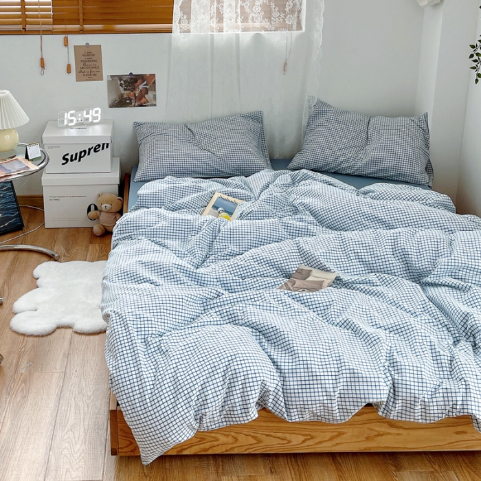 91家纺网 家纺一手货源 找家纺 安莱生活 2021新款水洗棉全棉四件套 清新雾蓝格