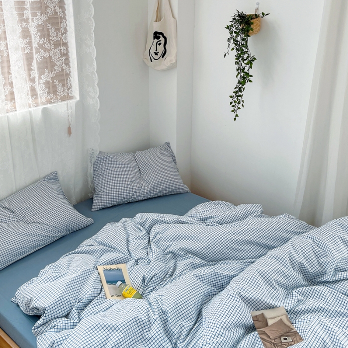 91家纺网 家纺一手货源 找家纺 安莱生活 2021新款水洗棉全棉四件套 清新雾蓝格