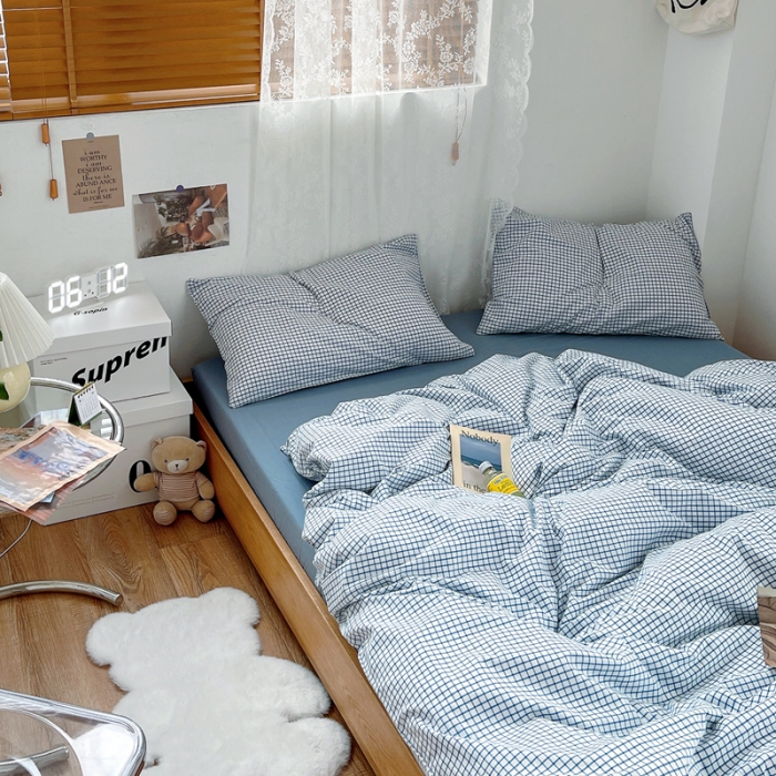 91家纺网 家纺一手货源 找家纺 安莱生活 2021新款水洗棉全棉四件套 清新雾蓝格