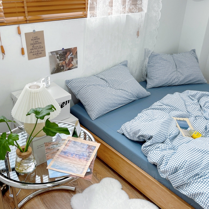 91家纺网 家纺一手货源 找家纺 安莱生活 2021新款水洗棉全棉四件套 清新雾蓝格