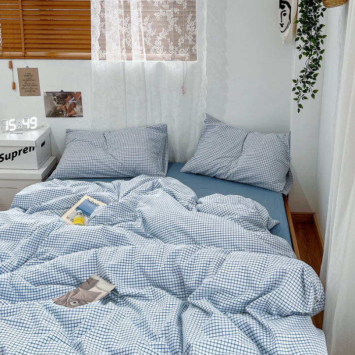 91家纺网 家纺一手货源 找家纺 安莱生活 2021新款水洗棉全棉四件套 清新雾蓝格