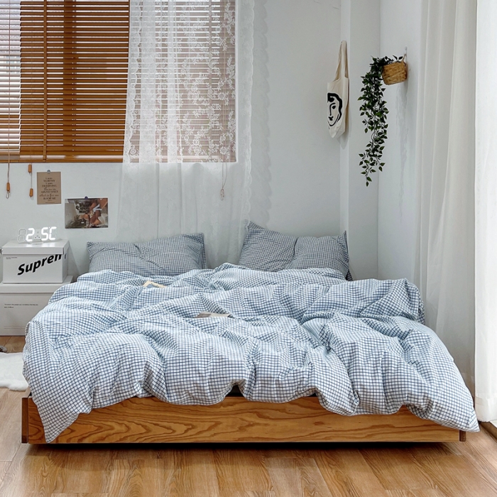 91家纺网 家纺一手货源 找家纺 安莱生活 2021新款水洗棉全棉四件套 清新雾蓝格