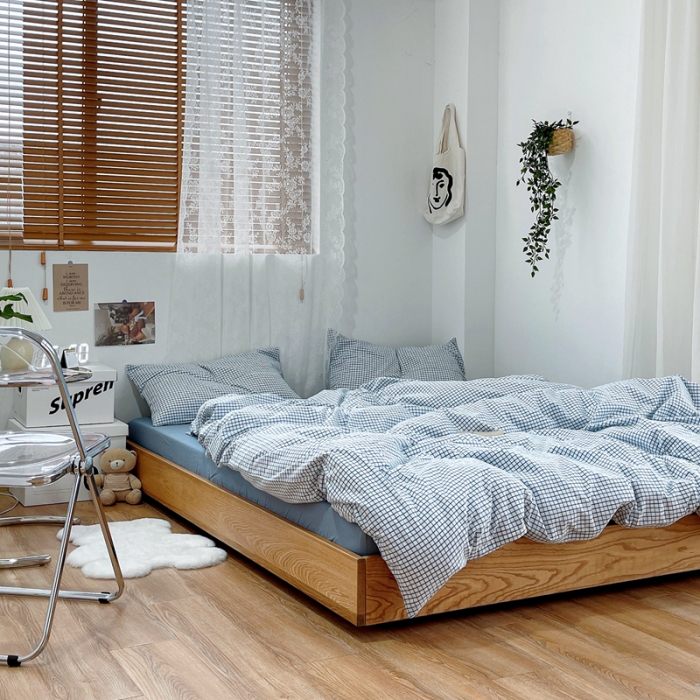 91家纺网 家纺一手货源 找家纺 安莱生活 2021新款水洗棉全棉四件套 清新雾蓝格