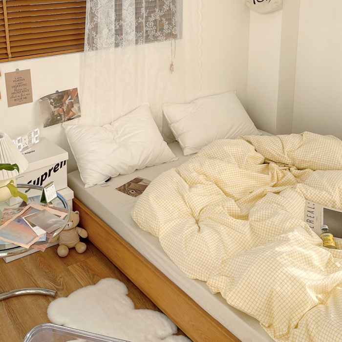 91家纺网 家纺一手货源 找家纺 安莱生活 2021新款水洗棉全棉单品被套 清新姜黄格