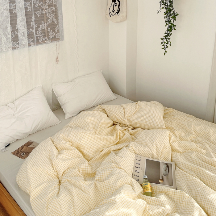 91家纺网 家纺一手货源 找家纺 安莱生活 2021新款水洗棉全棉单品被套 清新姜黄格