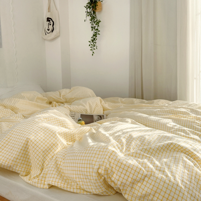 91家纺网 家纺一手货源 找家纺 安莱生活 2021新款水洗棉全棉单品被套 清新姜黄格