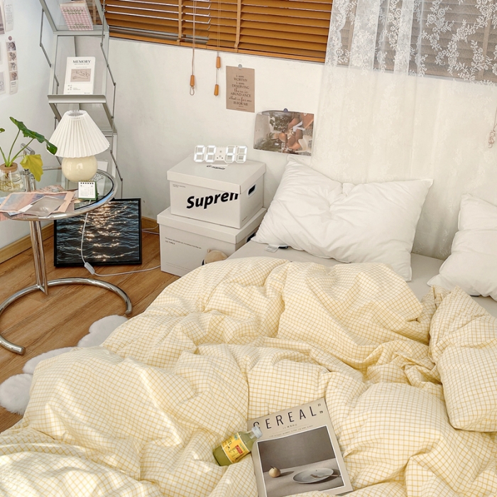 91家纺网 家纺一手货源 找家纺 安莱生活 2021新款水洗棉全棉单品被套 清新姜黄格