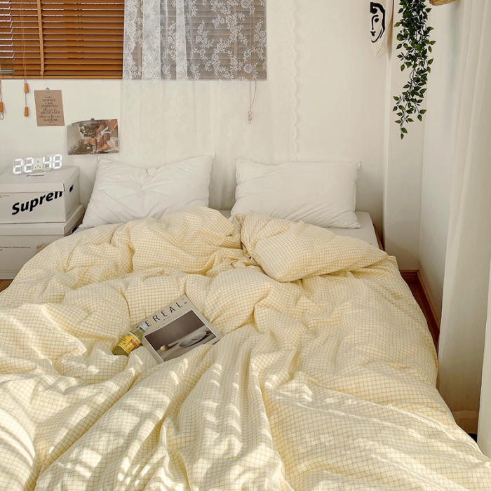 91家纺网 家纺一手货源 找家纺 安莱生活 2021新款水洗棉全棉单品被套 清新姜黄格