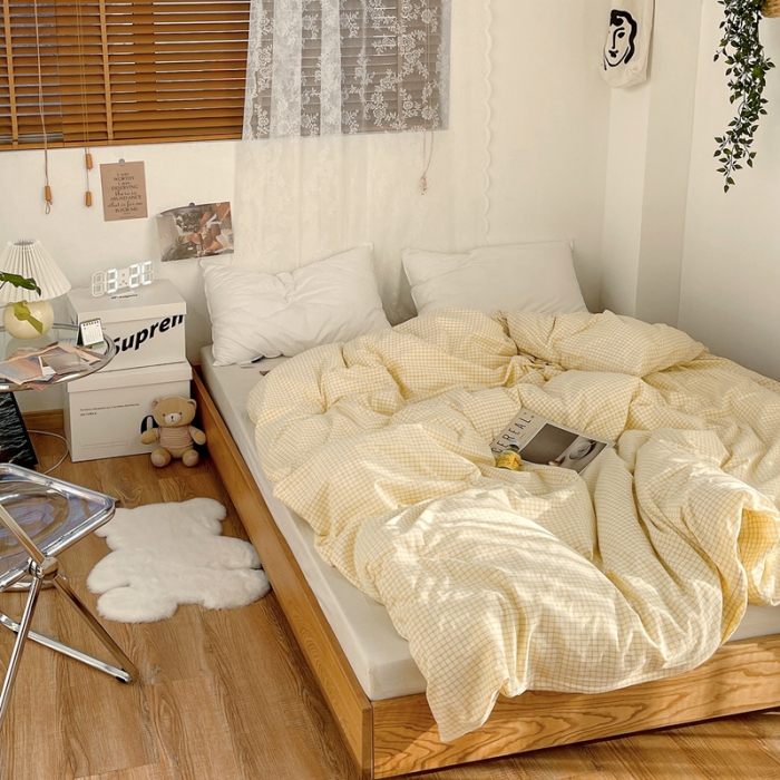 91家纺网 家纺一手货源 找家纺 安莱生活 2021新款水洗棉全棉单品被套 清新姜黄格