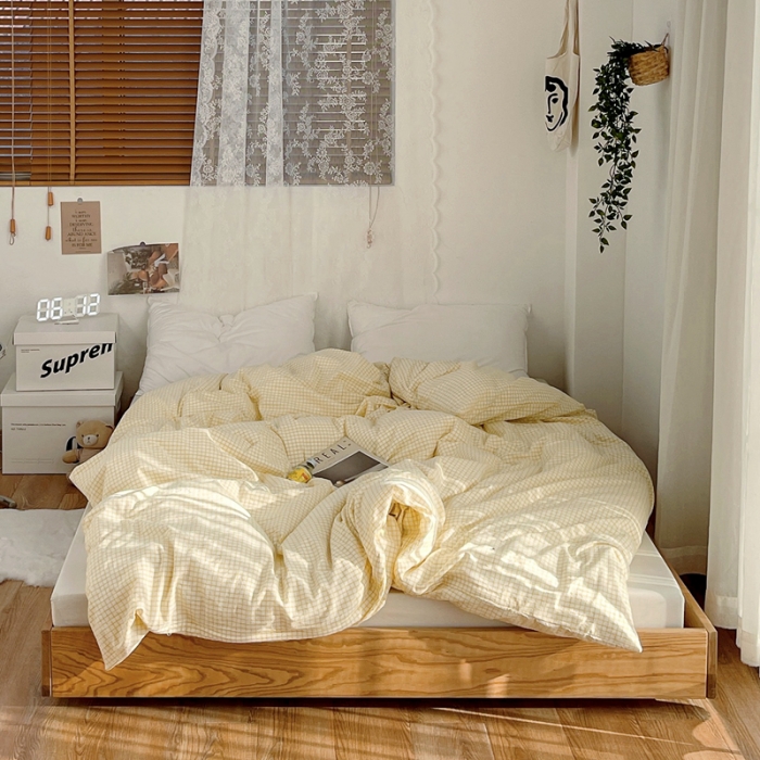 91家纺网 家纺一手货源 找家纺 安莱生活 2021新款水洗棉全棉单品被套 清新姜黄格