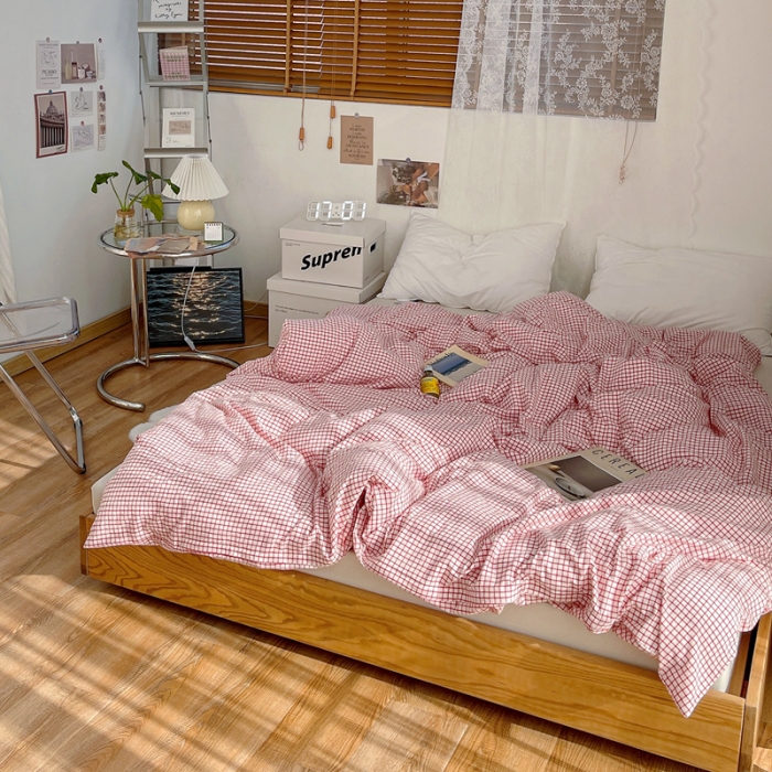 91家纺网 家纺一手货源 找家纺 安莱生活 2021新款水洗棉全棉单品被套 清新酱红格