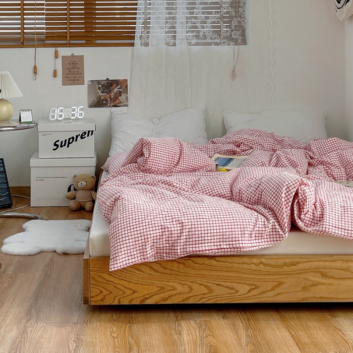 91家纺网 家纺一手货源 找家纺 安莱生活 2021新款水洗棉全棉单品被套 清新酱红格