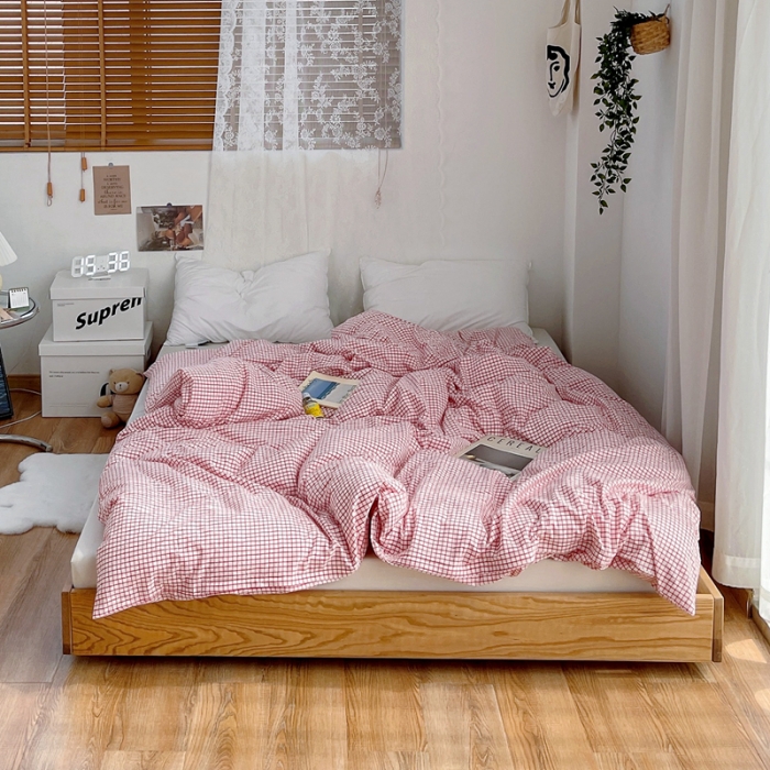 91家纺网 家纺一手货源 找家纺 安莱生活 2021新款水洗棉全棉单品被套 清新酱红格