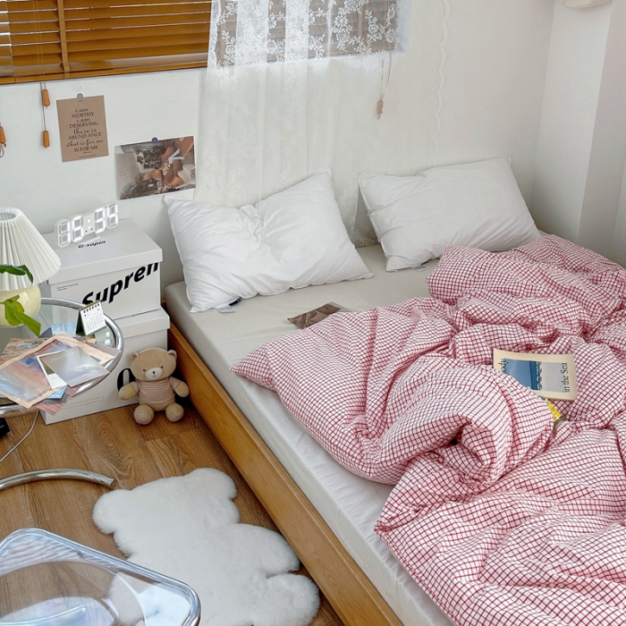 91家纺网 家纺一手货源 找家纺 安莱生活 2021新款水洗棉全棉单品被套 清新酱红格