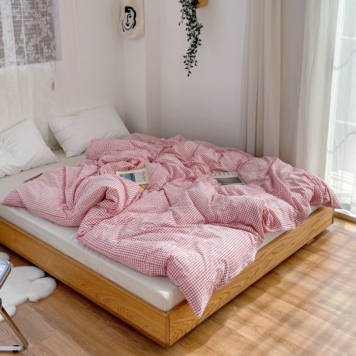 91家纺网 家纺一手货源 找家纺 安莱生活 2021新款水洗棉全棉单品被套 清新酱红格