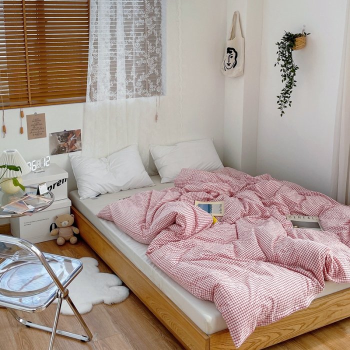 91家纺网 家纺一手货源 找家纺 安莱生活 2021新款水洗棉全棉单品被套 清新酱红格