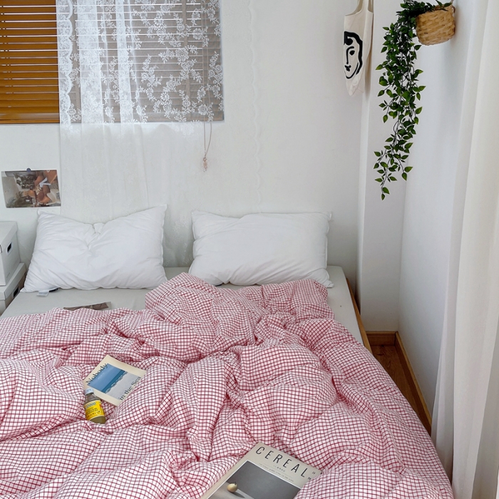 91家纺网 家纺一手货源 找家纺 安莱生活 2021新款水洗棉全棉单品被套 清新酱红格