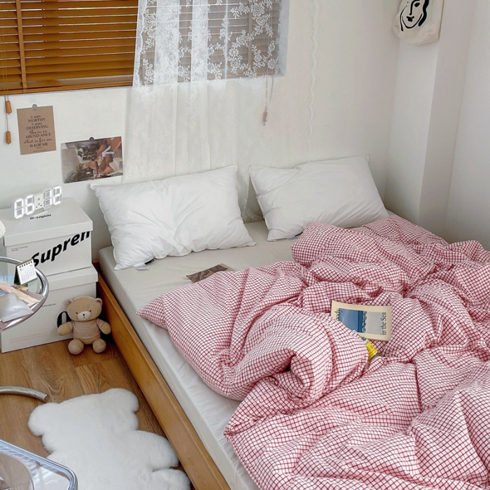 91家纺网 家纺一手货源 找家纺 安莱生活 2021新款水洗棉全棉单品被套 清新酱红格