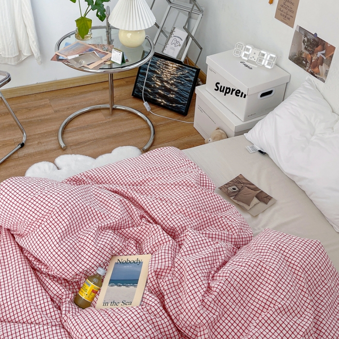 91家纺网 家纺一手货源 找家纺 安莱生活 2021新款水洗棉全棉单品被套 清新酱红格