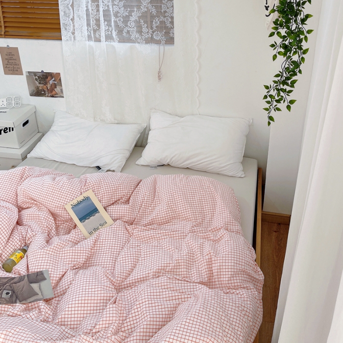 91家纺网 家纺一手货源 找家纺 安莱生活 2021新款水洗棉全棉单品被套 清新嫩粉格