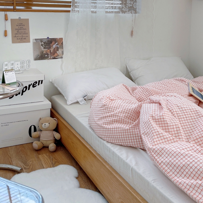 91家纺网 家纺一手货源 找家纺 安莱生活 2021新款水洗棉全棉单品被套 清新嫩粉格