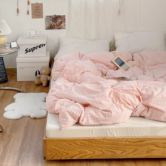 91家纺网 家纺一手货源 找家纺 安莱生活 2021新款水洗棉全棉单品被套 清新嫩粉格