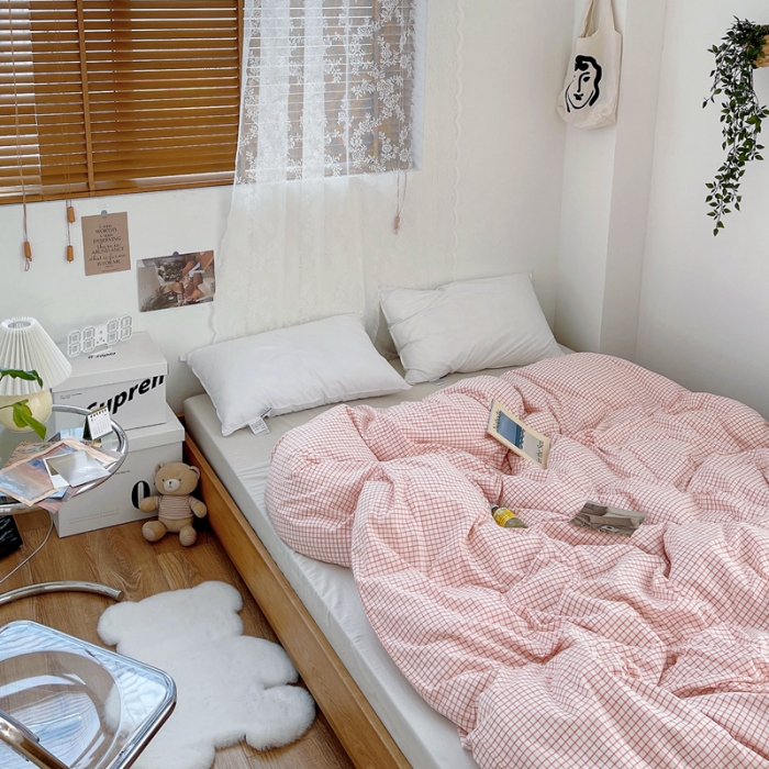 91家纺网 家纺一手货源 找家纺 安莱生活 2021新款水洗棉全棉单品被套 清新嫩粉格