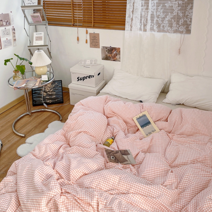 91家纺网 家纺一手货源 找家纺 安莱生活 2021新款水洗棉全棉单品被套 清新嫩粉格