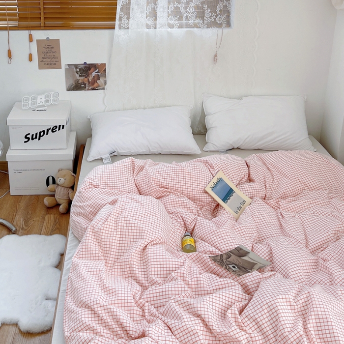 91家纺网 家纺一手货源 找家纺 安莱生活 2021新款水洗棉全棉单品被套 清新嫩粉格